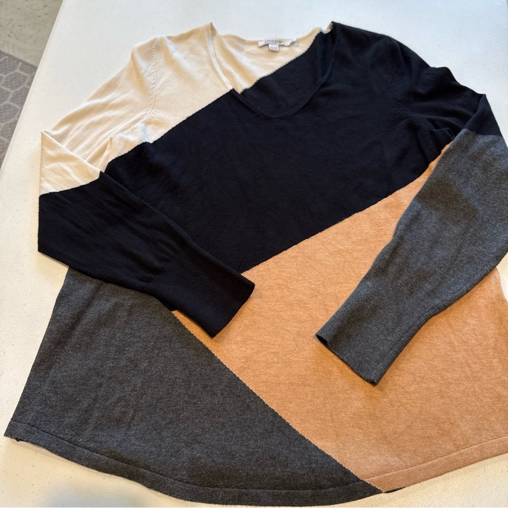 Chicos Colorblock‎ V-Neck Sweater Black Tan Grey Cream Size 1 M Long Sleeve